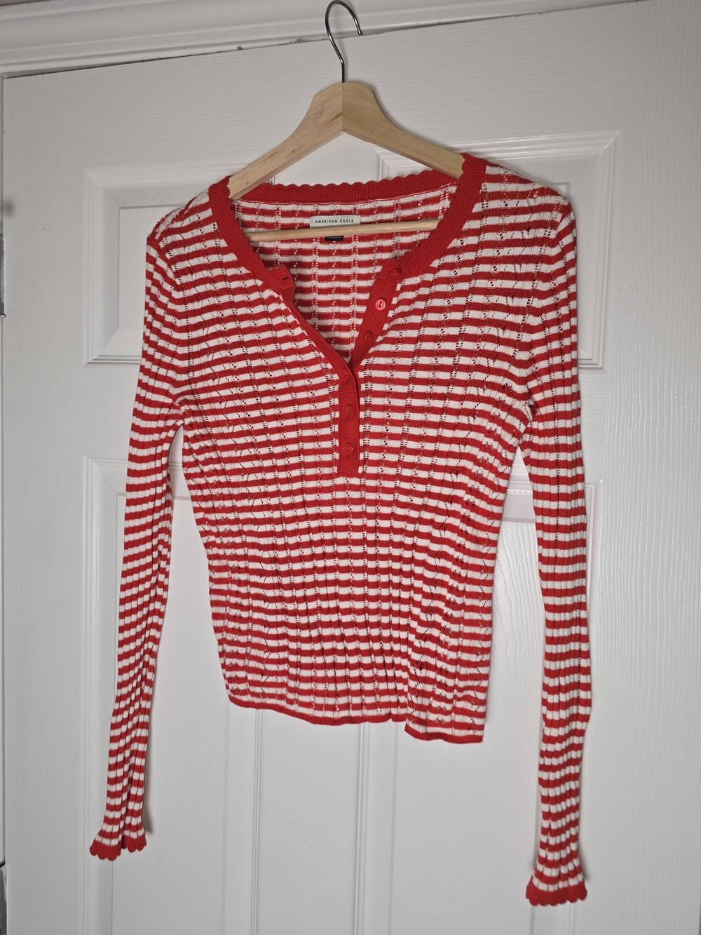American Eagle Outfitters Red & White Striped Ribbed Henley Long Sleeve Top M